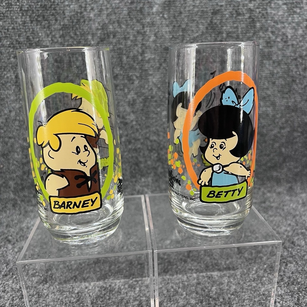 1986 Pizza Hut Flintstone Kids Glasses Barney & Betty Hanna-Barbera Set Of 2